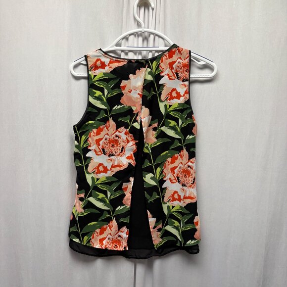 H and M Floral Sleeveless Blouse Womens Size 4 Open Back Detail Black Peach - Picture 2 of 6